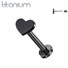 Implant Grade Titanium Threadless Push In Tragus/Cartilage Black PVD Heart Stud With Flat Back