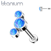 Implant Grade Titanium Threadless Push In Cartilage 3 Gem Curved Blue Opal Labret with Flat Back