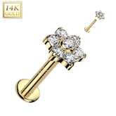 14KT Yellow Gold White CZ Flower Internally Threaded Flat Back Labret