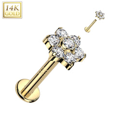 14KT Yellow Gold White CZ Flower Internally Threaded Flat Back Labret