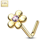 14KT Solid Yellow Gold L Shape Flower Nose Ring with Pink CZ