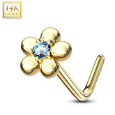 14KT Solid Yellow Gold L Shape Flower Nose Ring with Aqua CZ