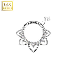 14kt White Gold CZ Floral Beaded Tribal Septum Daith Hinged Clicker Hoop