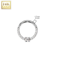 14kt White Gold Pave CZ White Gem Center Septum Daith Hinged Clicker Hoop