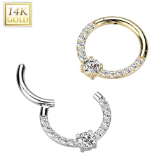 14kt White Gold Pave CZ White Gem Center Septum Daith Hinged Clicker Hoop