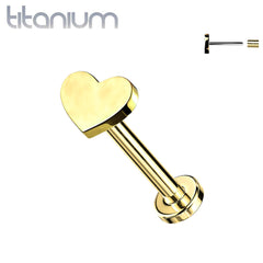 Implant Grade Titanium Threadless Push In Tragus/Cartilage Gold PVD Heart Stud With Flat Back