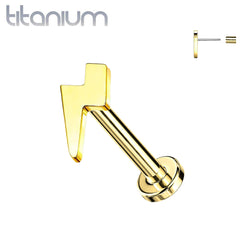 Implant Grade Titanium Threadless Push In Tragus/Cartilage Gold PVD Lightning Bolt Stud With Flat Back