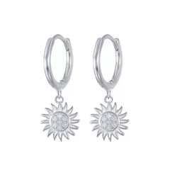 Pair of 925 Sterling Silver White CZ Gem Large Sun Dangle Minimal Hoop Earrings