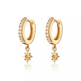Pair of 925 Sterling Silver Gold PVD Dainty Starburst Dangle Minimal Hoop Earrings