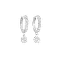 Pair of 925 Sterling Silver White CZ Gem Sun Dangle Minimal Hoop Earrings