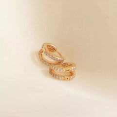Pair of 925 Sterling Silver Gold PVD Double White Pave Gem Minimal Hoop Earrings