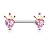 316L Surgical Steel Rose Gold PVD Pink CZ Heart With Crown Nipple Ring Straight Barbell