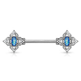 316L Surgical Steel 4 Petal Design White CZ & Blue Opal Nipple Ring Straight Barbell