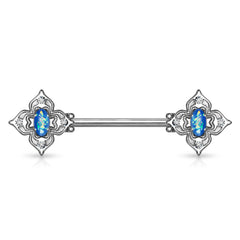 316L Surgical Steel 4 Petal Design White CZ & Blue Opal Nipple Ring Straight Barbell