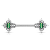 316L Surgical Steel 4 Petal Design White CZ & Dark Green Opal Nipple Ring Straight Barbell