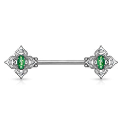 316L Surgical Steel 4 Petal Design White CZ & Dark Green Opal Nipple Ring Straight Barbell