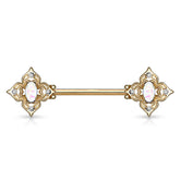 316L Surgical Steel Gold PVD 4 Petal Design White CZ & Opal Nipple Ring Straight Barbell