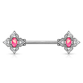 316L Surgical Steel 4 Petal Design White CZ & Pink Opal Nipple Ring Straight Barbell