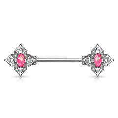 316L Surgical Steel 4 Petal Design White CZ & Pink Opal Nipple Ring Straight Barbell