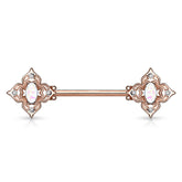 316L Surgical Steel Rose Gold PVD 4 Petal Design White CZ & Opal Nipple Ring Straight Barbell