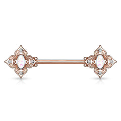 316L Surgical Steel Rose Gold PVD 4 Petal Design White CZ & Opal Nipple Ring Straight Barbell