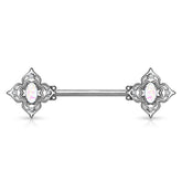 316L Surgical Steel 4 Petal Design White CZ & Opal Nipple Ring Straight Barbell