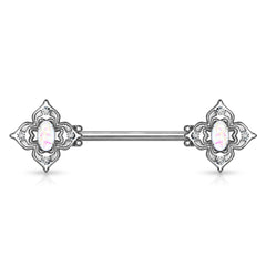 316L Surgical Steel 4 Petal Design White CZ & Opal Nipple Ring Straight Barbell