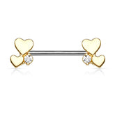 316L Surgical Steel Gold PVD White CZ With Hearts Nipple Ring Straight Barbell