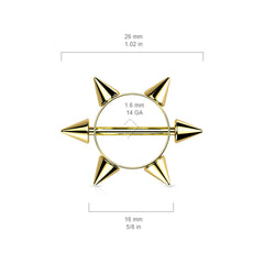 316L Surgical Steel Gold PVD Multi Spike Nipple Ring Shield Straight Barbell