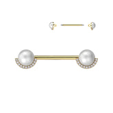 316L Surgical Steel Gold PVD White Pearl CZ Nipple Ring Straight Barbell