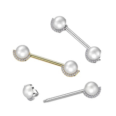 316L Surgical Steel Gold PVD White Pearl CZ Nipple Ring Straight Barbell
