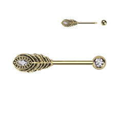 316L Surgical Steel Gold PVD White CZ Peacock Feather Nipple Ring Straight Barbell