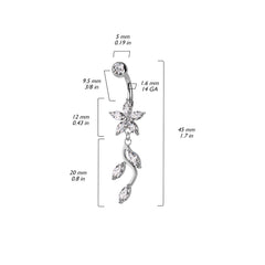316L Surgical Steel Rose Gold PVD White CZ Flower Vine Dangle Belly Ring