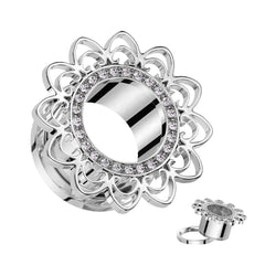 316L Surgical Steel Flower White CZ Gem Screw On Ear Tunnels