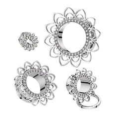 316L Surgical Steel Flower White CZ Gem Screw On Ear Tunnels