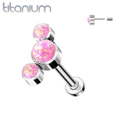 Implant Grade Titanium Threadless Push In Cartilage 3 Gem Curved Pink Opal Labret with Flat Back