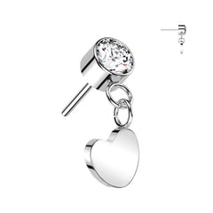 Implant Grade Titanium White CZ Heart Dangle Threadless Push In Labret