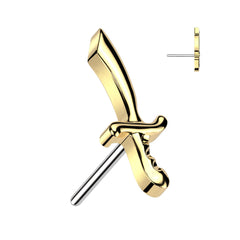 Implant Grade Titanium Gold PVD Threadless Push In Dainty Sword Dagger Top Labret With Flat Back