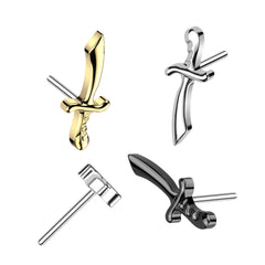 Implant Grade Titanium Threadless Push In Dainty Sword Dagger Top Labret With Flat Back