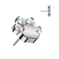 Implant Grade Titanium Paw Print Aurora Borealis CZ Threadless Push In Labret