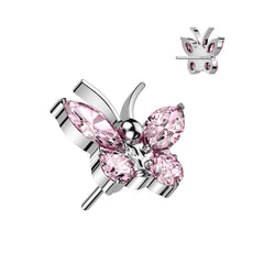 Implant Grade Titanium Large Pink CZ Gem Butterfly Threadless Push In Labret