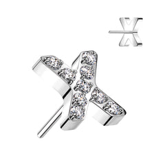 Implant Grade Titanium White CZ Pave "X" Threadless Push In Labret