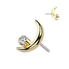 Implant Grade Titanium Gold PVD Crescent Moon White CZ Bezel Gem Threadless Push In Labret