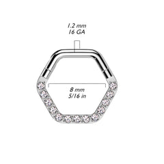 316L Surgical Steel White CZ Pave Hexagon Helix Hinged Clicker Hoop