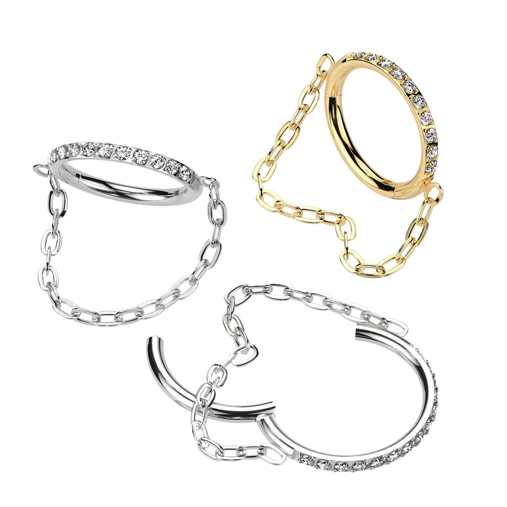Implant Grade Titanium Gold PVD White CZ Pave Chain Dangle Hinged Clicked Hoop