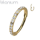 Implant Grade Titanium Gold PVD Pave White CZ Nose Hoop Hinged Clicker Ring