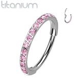 Implant Grade Titanium Pave Pink CZ Nose Hoop Hinged Clicker Ring