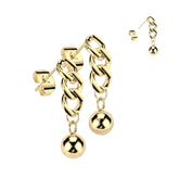 Pair of 316L Surgical Steel Gold PVD Ball And Chain Dangle Stud Earrings