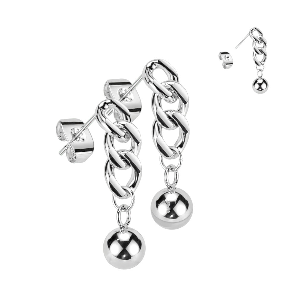 Pair of 316L Surgical Steel Ball And Chain Dangle Stud Earrings