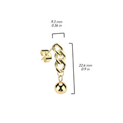 Pair of 316L Surgical Steel Gold PVD Ball And Chain Dangle Stud Earrings